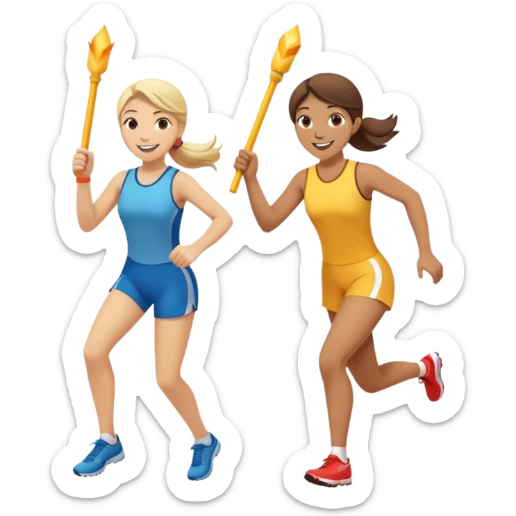 Show two smiling team members passing of bright baton in a relay race. One male to 1 female. Show one baton passing from the male’s hands to the females smoothly  sticker