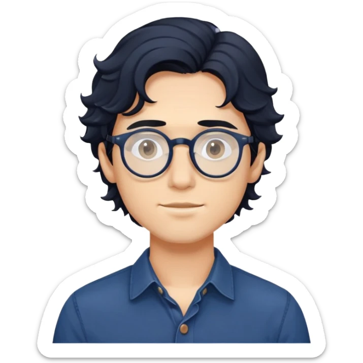Torso view of young man with longer wavy black hair, round glasses, dark blue casual buttoned shirt sticker