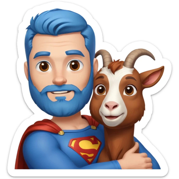 Adult Superman with redish brownish full beard with his arm around a blue hair happy goat sticker