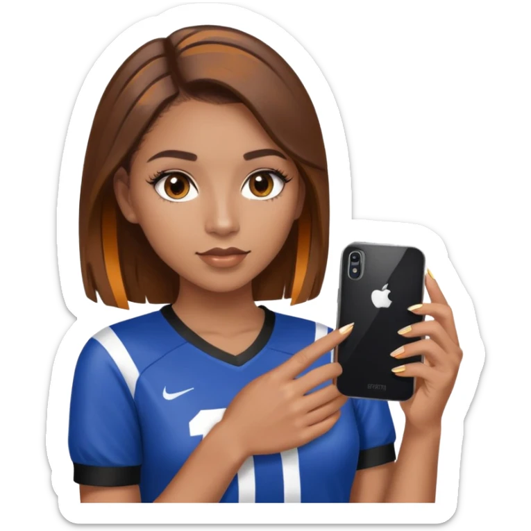 a girl with mixed race skin, brown hair (dark) with caramel highlights, acrylic nails, fake eyelashes, holding a phone. with a football shirt on (cropped) sticker
