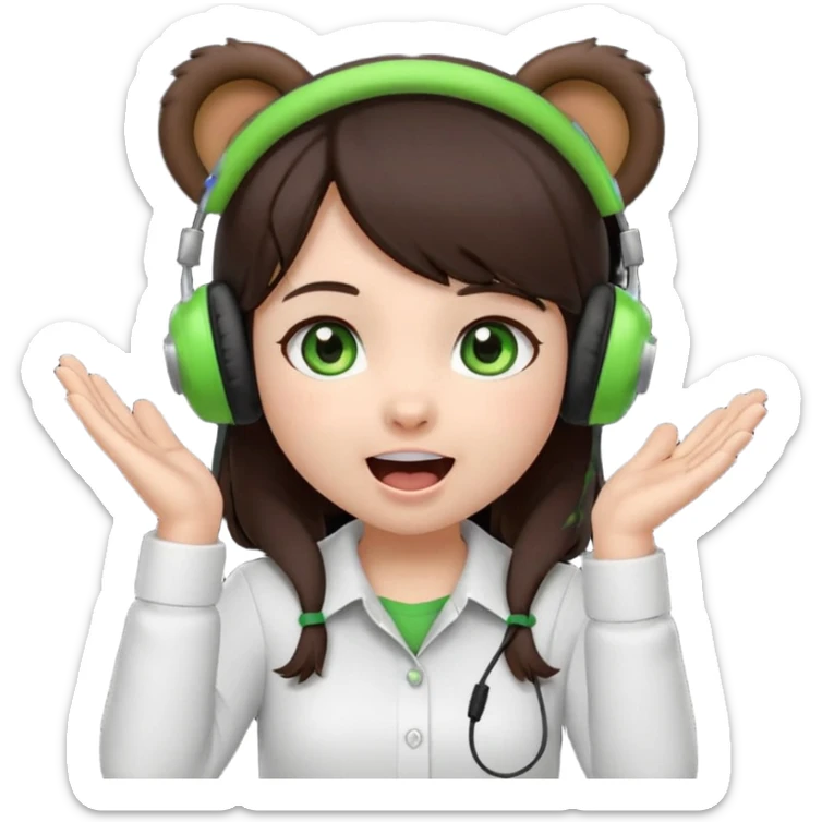 Animated emoji, Chibi girl, dark brown hair, green eyes, wearing a white shirt and small brown bear ears on a black headset, with wide happy surprised eyes and mouth and clapping excitedly sticker