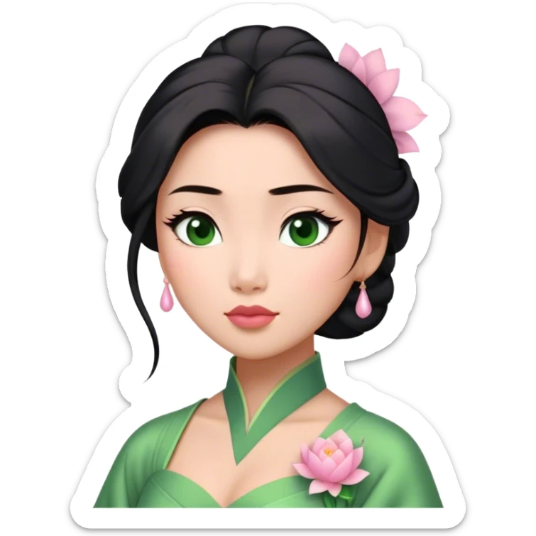 Cinematic Elegant Mulan Portrait Emoji, Dressed in her delicate green matchmaker gown, soft pink makeup, hair pinned perfectly, looking wistful yet radiant, eyes reflecting the depth of her spirit, capturing both her beauty and inner strength! sticker