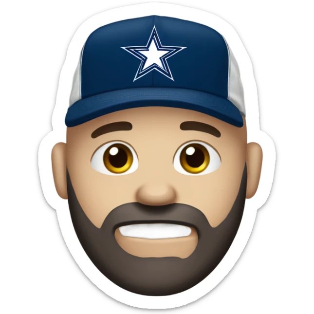 Bald white male with dark brown beard holding dark blue Dallas Cowboys hat. He’s crying because he’s ashamed of being bald  sticker