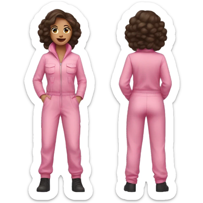 Woman dark brown hair  pink  full body jumpsuit flying sticker