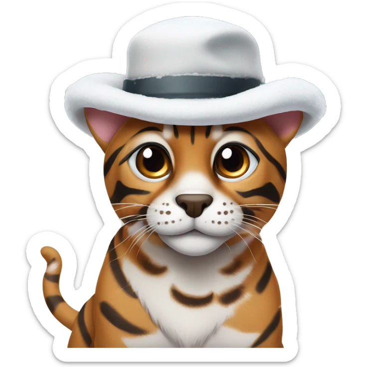 Bengal wearing a hat with white patch of fur by his nose and he’s in the snow sticker