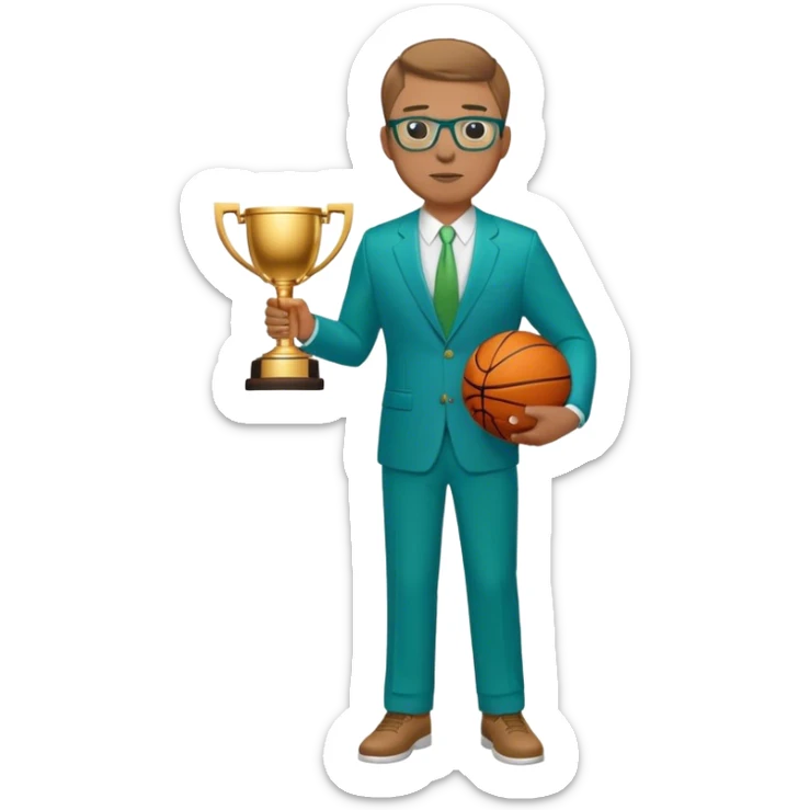 full body plus size white male basketball coach with short light brown  hair color wearing glasses wearing blue and green suit holding a trophy sticker