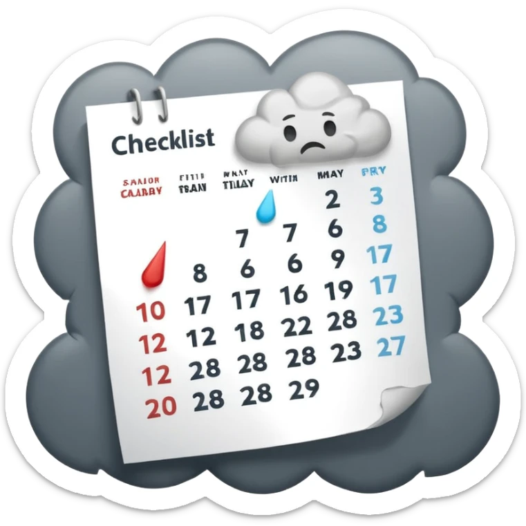 Minimalist emoji of a tilted, crumpled calendar page with faint, incomplete checklist marks, a small rain cloud dripping above it, and a dim, muted colour palette to symbolise a productivity slump and lost discipline. Flat vector style, soft shadows, transparent background sticker
