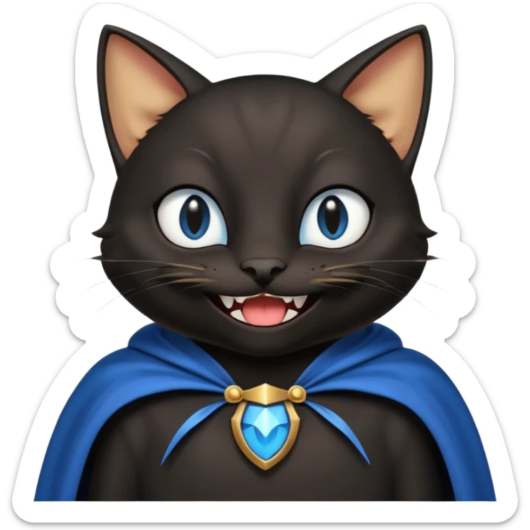 an all black anthropomorphic cat with blue eyes wears an all black cape and is smiling a mischievous sharp tooth grin sticker