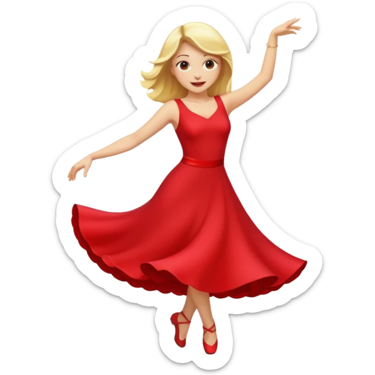 a yellow-blonde woman dancing wearing a red dress, in flat emoji / Apple style, smooth shapes, glossy highlights, bright saturated colors, simple features, minimal details, no outlines, red clothes flowing, joyful pose sticker