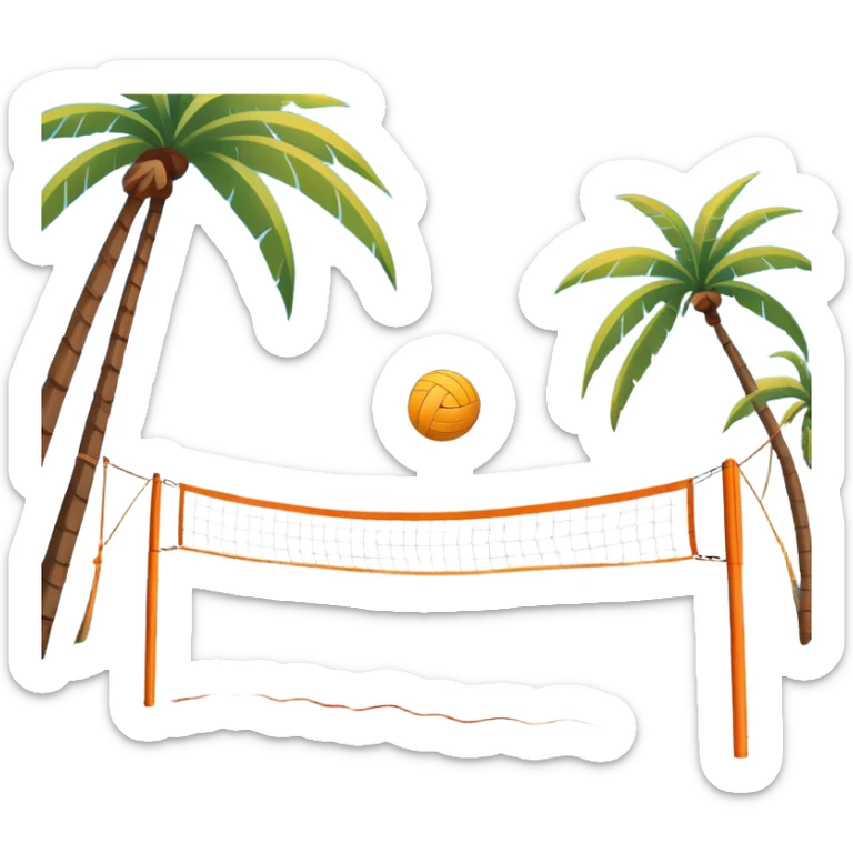 A volleyball resting on the orange sand ground of a beach, with a volleyball net in the background. The scene captures a sunny beach atmosphere with clear blue sea and sky, palm trees swaying, and people in swimsuits enjoying the vibrant surroundings sticker