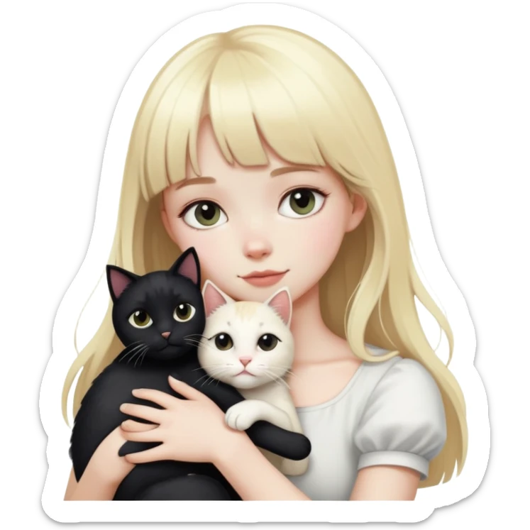 pale girl with blonde hair and bangs hugging a black and white cat sticker