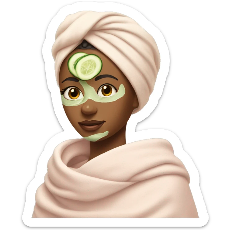 A serene face with an evenly applied green or pink clay mask and cucumber slices on the eyes and a towel wrapped up in her hair  sticker