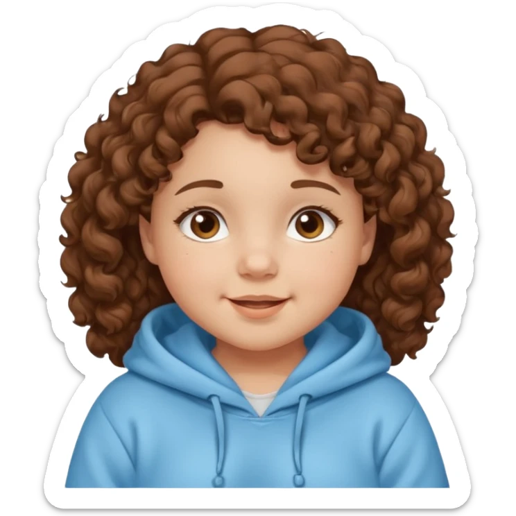 A girl with brown curly hair and chubby cheeks brown eyes and a happy face she has a baby blue hoddie sticker