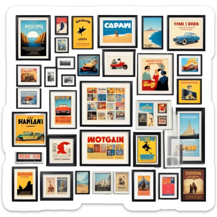 Icon for Photograph and Poster Collecting: a collection of photographs and movie posters, neatly displayed on a wall or in frames. The icon should evoke the nostalgia and artistic value of collecting rare images and posters. Transparent background. sticker