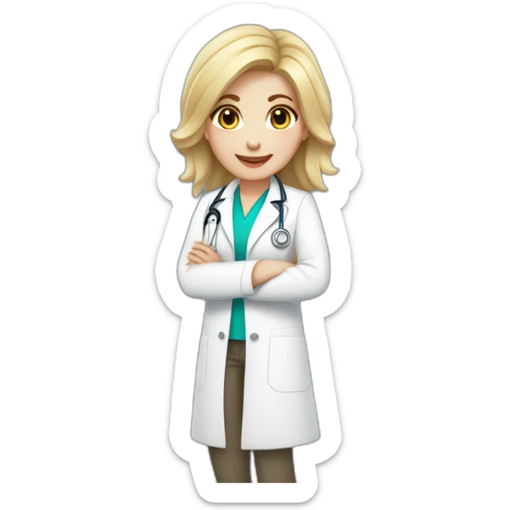 Blonde beautiful doctor, dark hair lights, white doctor coat, happy sticker