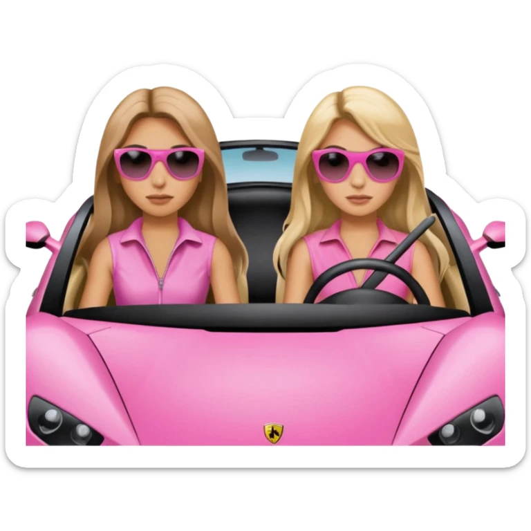 Make car far away so I can see full car Car facing forward in sports car. Make hair long  two girls in car far away Front of car sitting in the seats. Make it a pink sports car. They are two baddies make it a Lamborghini pink car  sticker