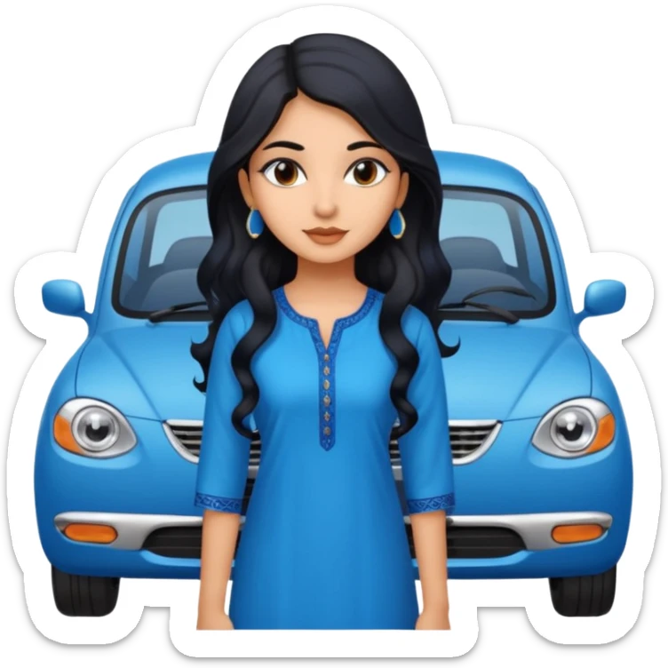 a pretty indian bratz girl with wavy long black hair. wearing a blue kurti, eyeliner on, indian auto behind her sticker