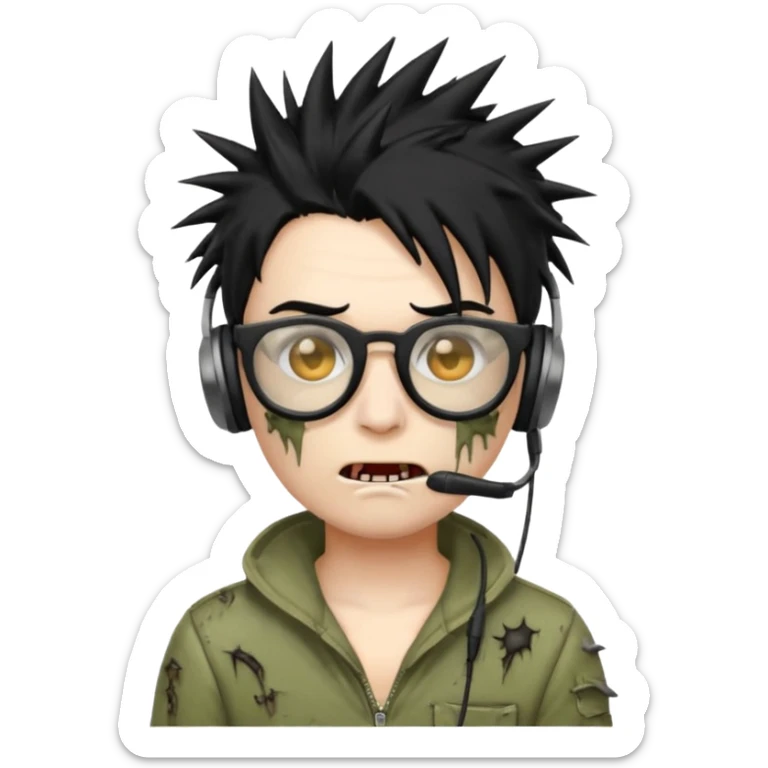 make a zombie iphone emoji with black  glasses, scratches black spiky hair and headphone
 sticker