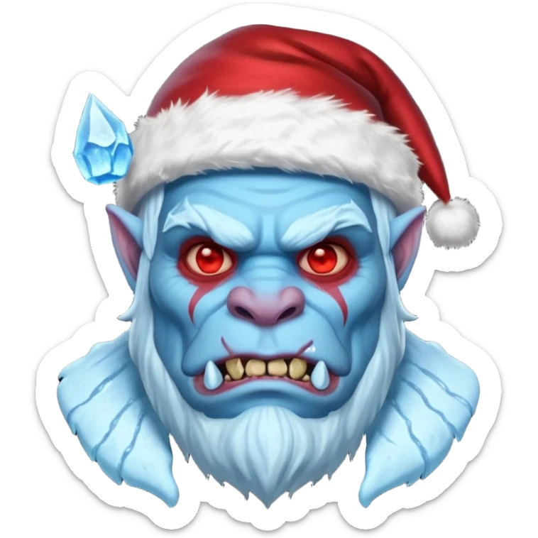 Fantasy orc portrait emoji, Santa Claus hat with icy texture, frozen scar glowing deep red against icy blue skin tones, primal winter survival theme, restrained detail, clean readable emoji style, male/female variant
 sticker