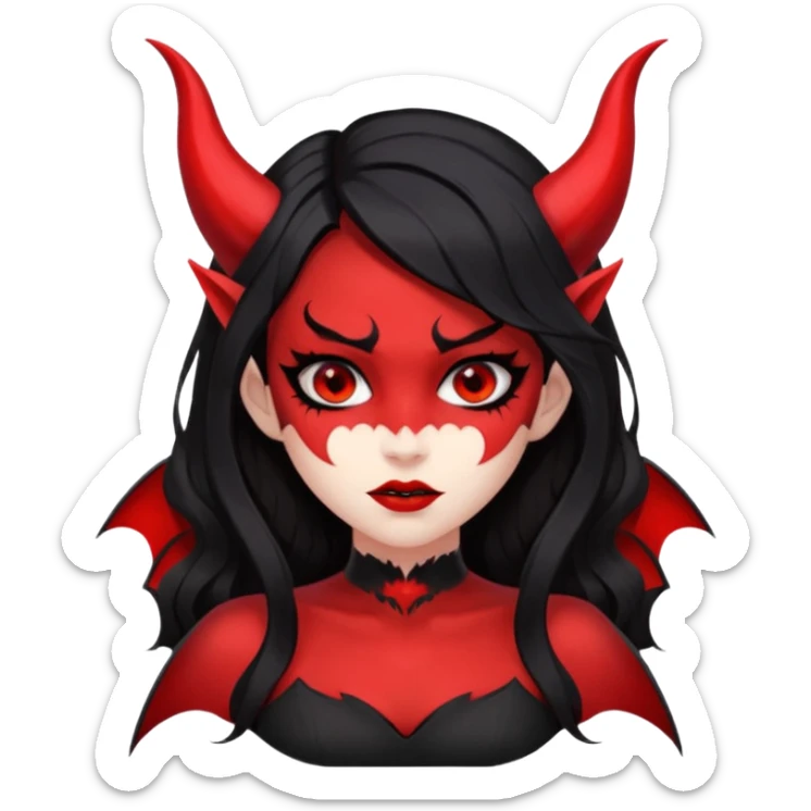 demon girl, skin red , black long hair, small horns, bat wing, black open-back dress, bold black outlines, red+black palette sticker