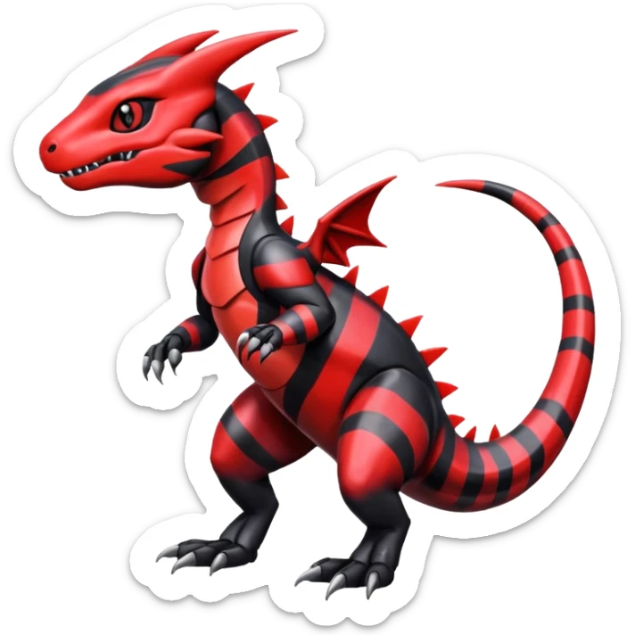 Cute Shiny striped black and red iridescent Guilmon-Salandit-Fakémon-hybrid-creature (full body)  sticker