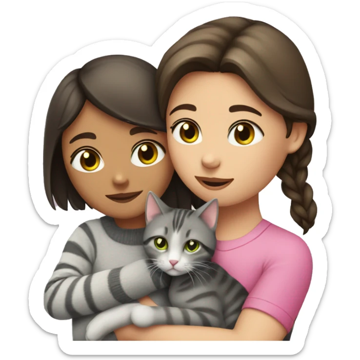A girl with dark brown hair hugs a gray tabby cat with a pink nose and green eyes sticker