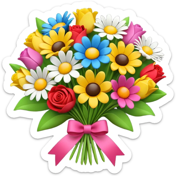 Apple-style 3D emoji of a colorful flower bouquet, tied together with a small ribbon, different bright flowers like roses, tulips and daisies, cheerful and elegant design, no background sticker