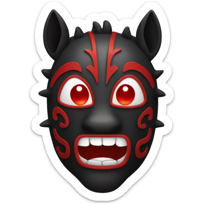 Black tribal mask of a smiling horse with red eyes in front sticker