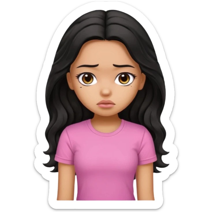 a pretty bratz girl with long wavy black hair, wearing a pink tshirt. looking sad sticker