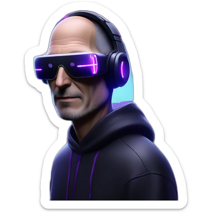 Steve Jobs wearing a black hoodie with "OMG" letters on it and VR headset in a cyberpunk VR environment with violet neon lighting. sticker