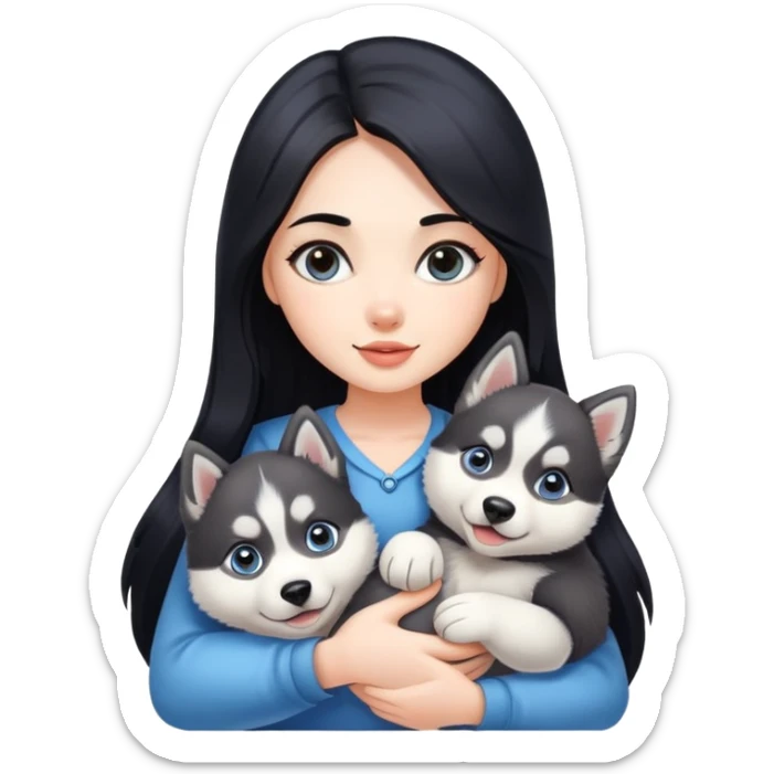 beautiful girl with long black hair holding a cute husky puppy sticker