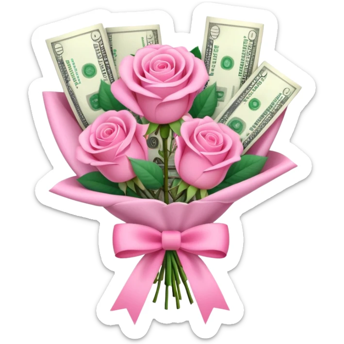 Bouquet of pink roses and money with pink bow sticker