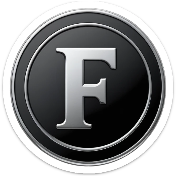 Emoji icon of a black coin with engraved letter F, minimalist style, isolated, only black color sticker