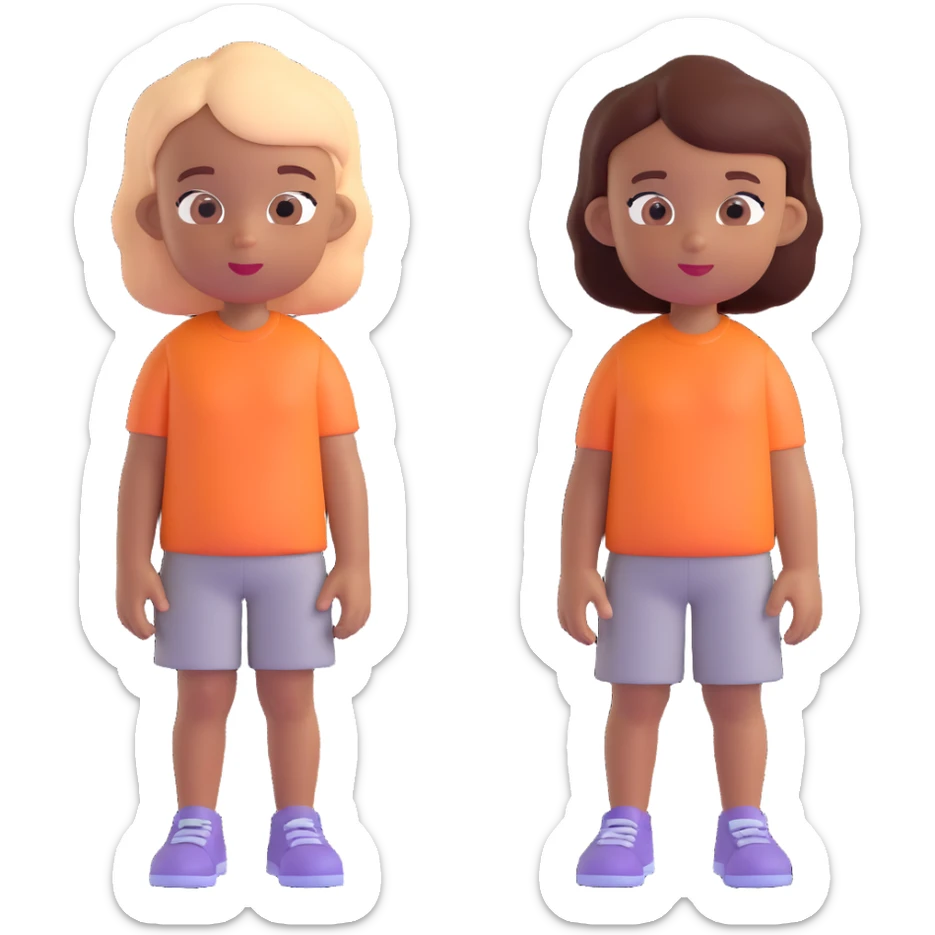 Slightly increase the volume of the upper body of the girl, separate the girl and the boy from each other, and make the skin color the same for both characters. Maintain the cartoonish 3D style. sticker