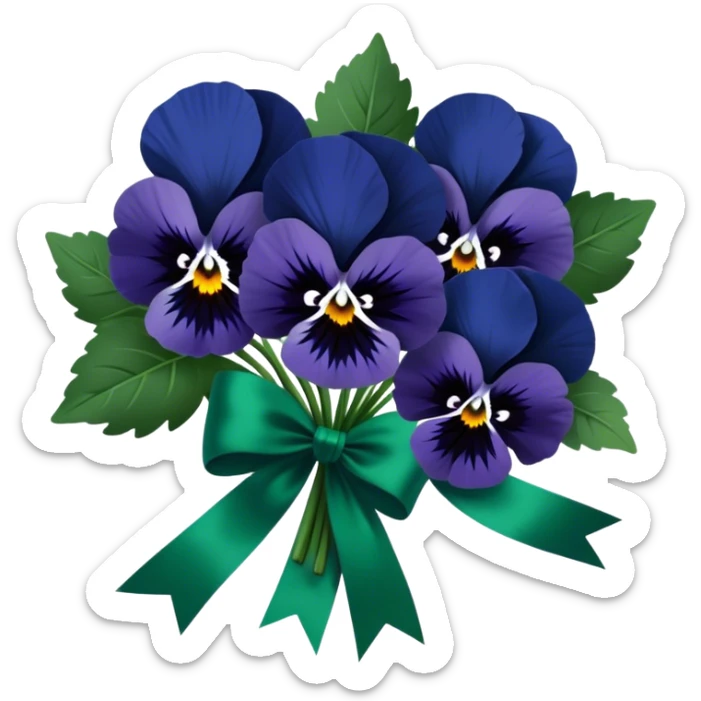 A gracefully arranged bouquet of navy blue pansies, tied with an elegant emerald green satin ribbon. sticker