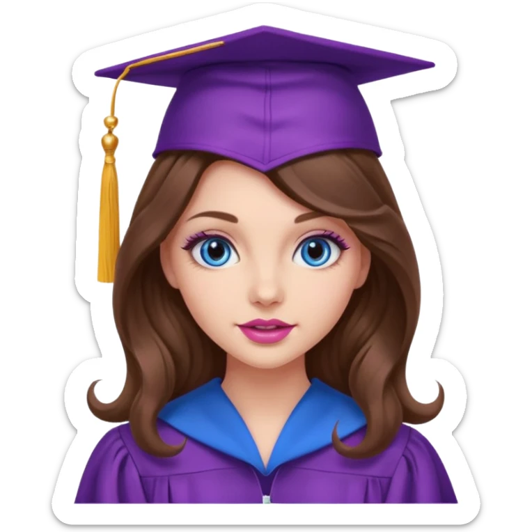 girl with gorgeous curled long brown hair, blue eyes, long lashes makeup, sexy pink lips, wearing a purple graduation cap and gown sticker