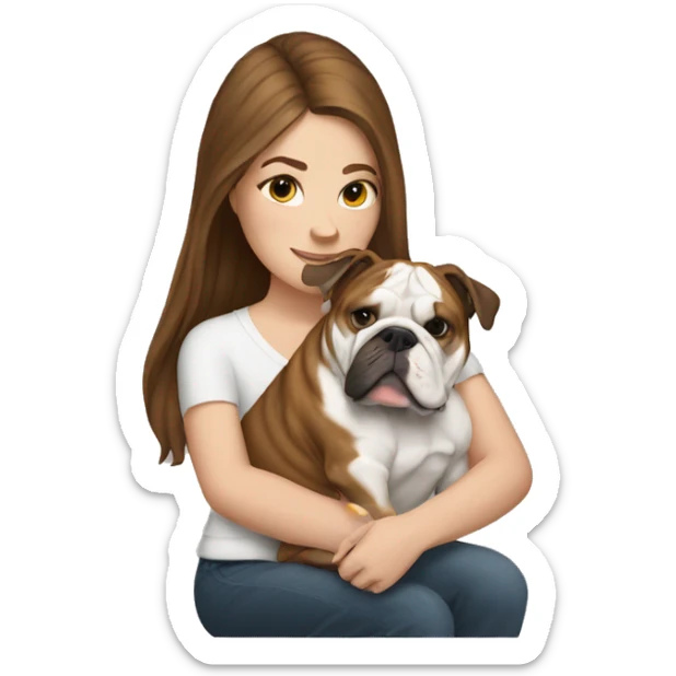 White girl with brown hair holding English bulldog sticker
