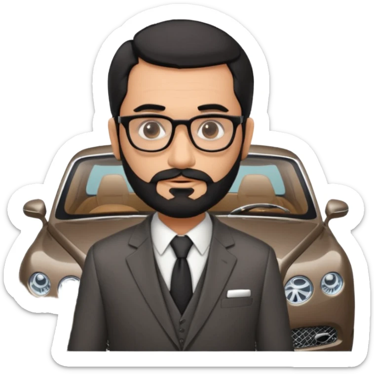 Professor Bentley Dyed black gray hair  frencb beard graying indian guy in suit with a bentley car. Older look with glasses slight balding sticker