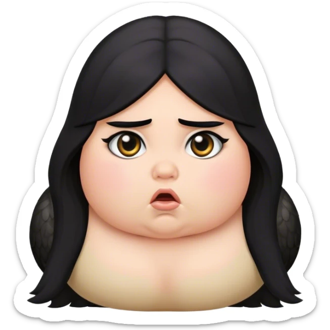 a snipe with the face of a chubby girl with long black hair with a perplexed espression sticker