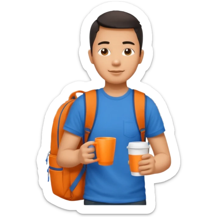 an asian man in blue t-shirt with orange cup of coffee and backpack on the back. Eiffel tower on the background. shoulder length picture sticker