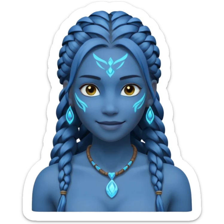 avatar-style Na’vi female portrait, head and shoulders only, blue skin, glowing bioluminescent markings, long braided hair, subtle tribal jewelry, confident smile, 3D cartoon, mobile game icon style, clean background, no text, no watermark
 sticker
