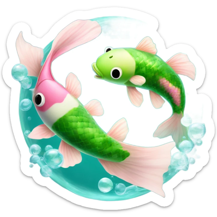 Pisces Two realistic green and blue the other pink and white koi fish swimming in circle ying yang cloudy dreamy bubbles  sticker