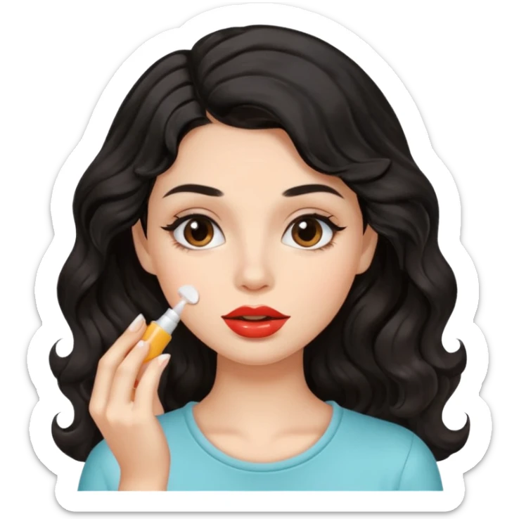 A gorgeous with black wavy hair women applying cute thin lipbalm on her brown lips sticker