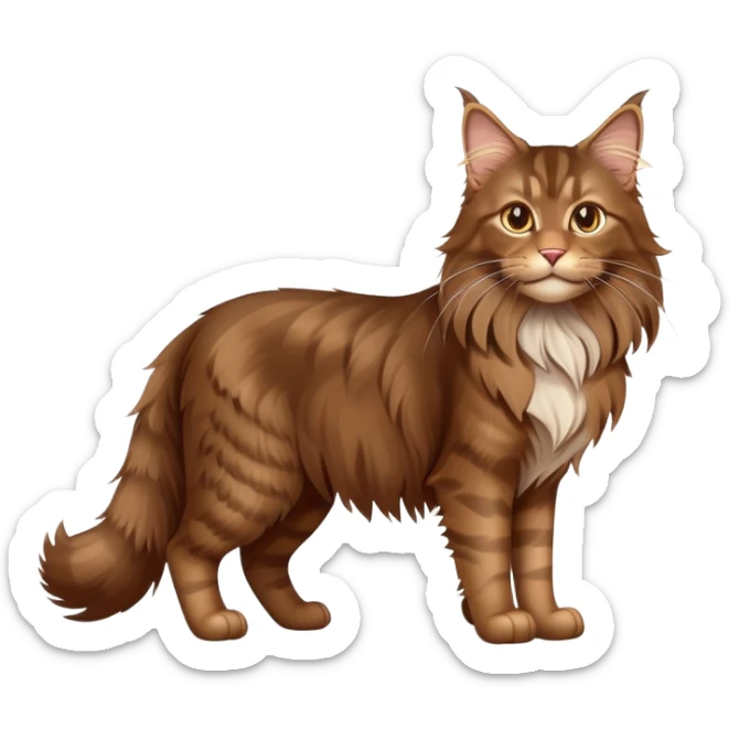 cinematic-brown-maine-coon-cat-full-body-on all fours-emoji,-head-tilted-playfully-and-inquisitively,-sleek--brown-fur,-simplified-yet-adorable-features,-highly-detailed,-glowing-with-a-warm,-friendly-glow -simplified-yet-realistic sticker