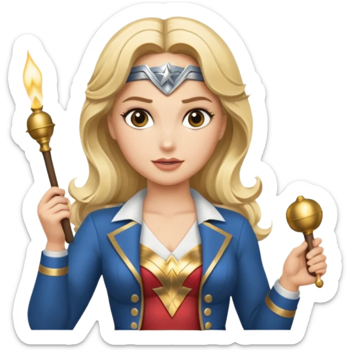 Blonde Wonder Woman holding bell and short white orchestra conductor’s baton  sticker