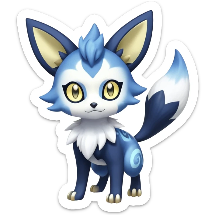 Shiny mExotic Colorfulj Excessive Mysterious Gothic Meowstic-Zorua-Poochyena-Pokémon-Fakémon-hybrid-creature (full body) with pattern-markings with golden eyes sticker