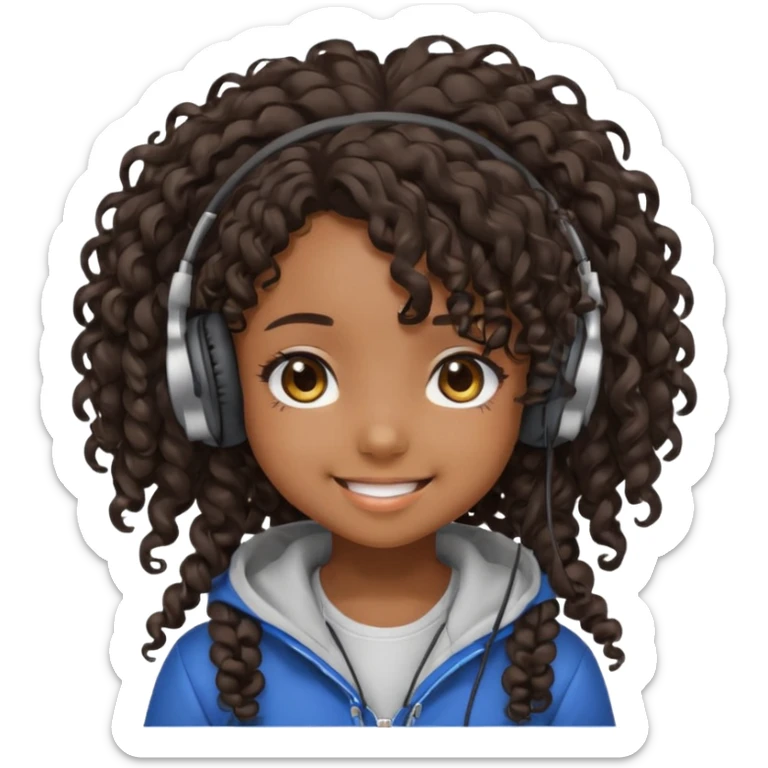 chibi anime black girl long curly hair smiling with head phones on sticker