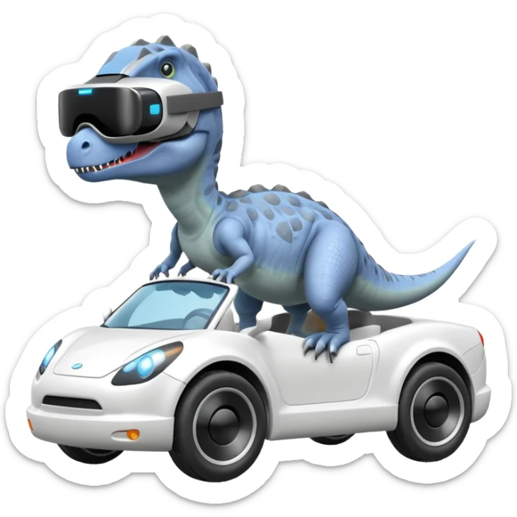 Dinosaurio  gris subido en un carro blanco tecnológico con lentes de realidad virtual sticker