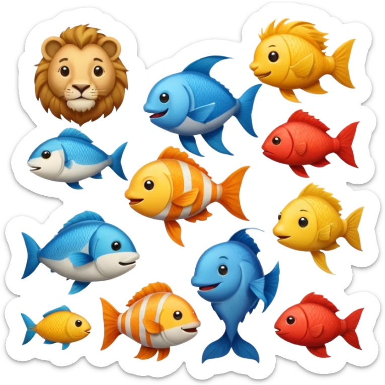 cheerful emoji of a group of animals including lion, bird, fish standing together symbolizing biodiversity sticker