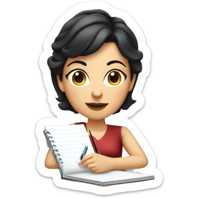 white skin mom with short dark hair writing  a notebook on a wooden desk  sticker